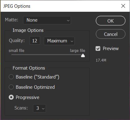 Export settings I use for a JPEG photo in Adobe Photoshop