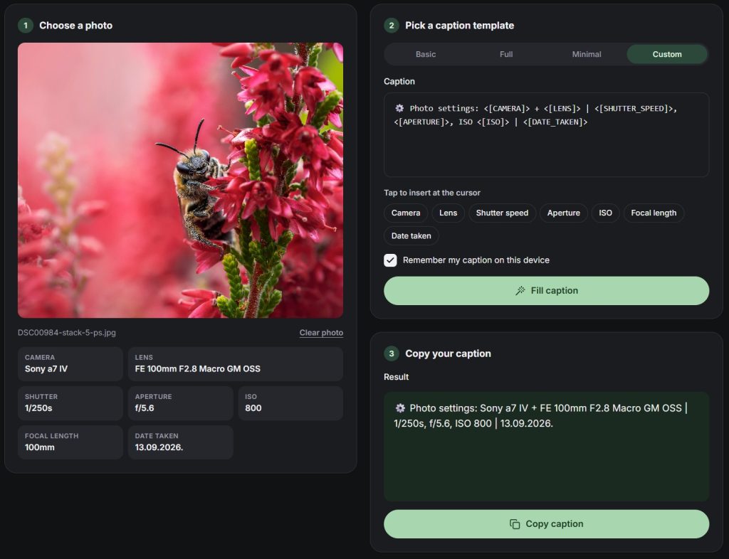 How to Add EXIF Data to Instagram Captions Automatically using the EXIF Caption Filler tool